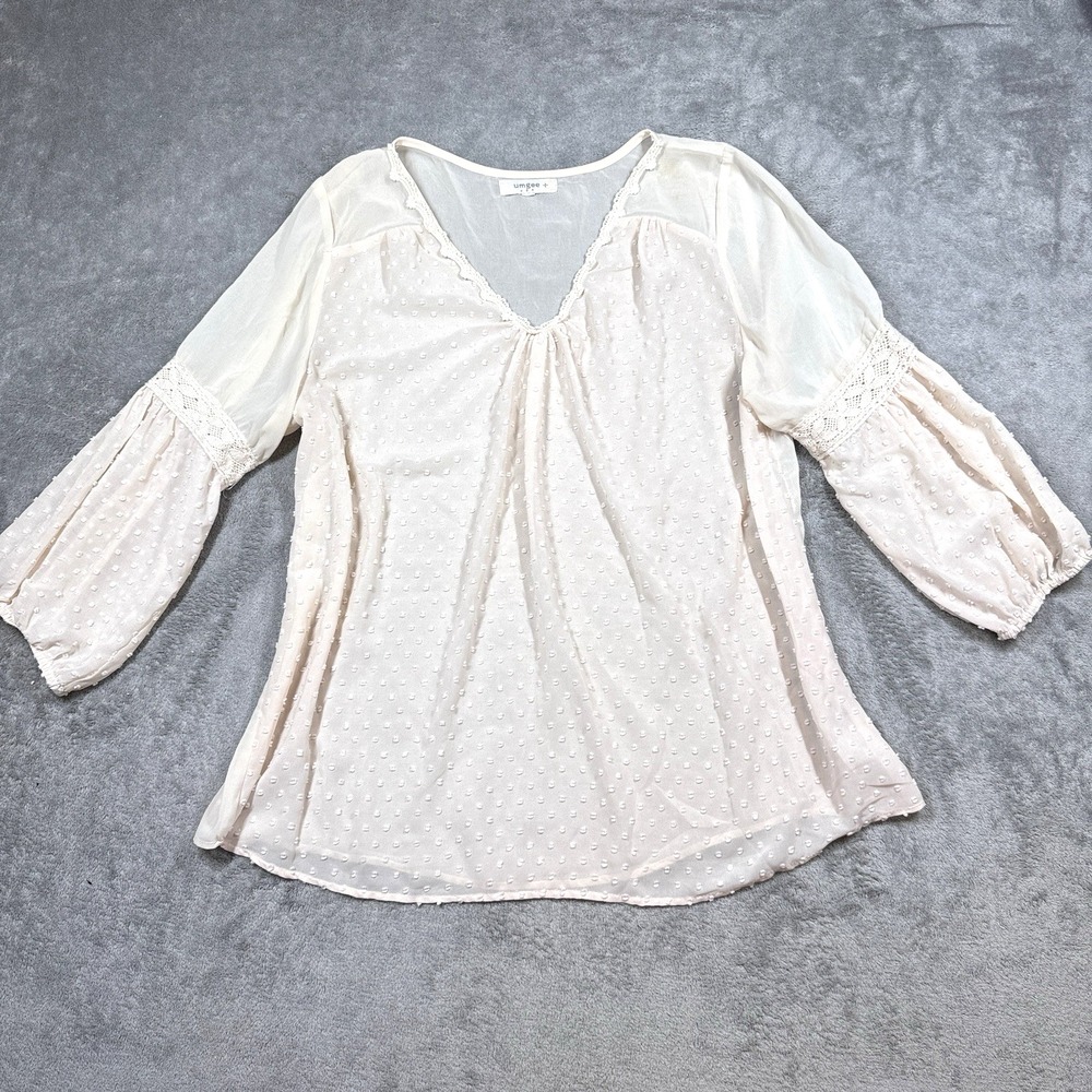 Umgee Womens‎ 1XL Cream Swiss Dot Blouse Boho Peasant Sheer Bell Sleeve Lace